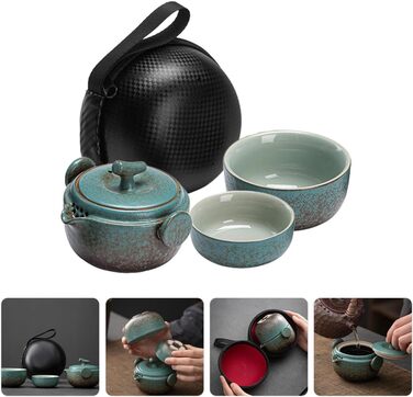 Японський чайний набір для подорожей з керамічної чайнички та чашки. Міцний чохол зі штучної шкіри для любителів чаю та повсякденного використання.