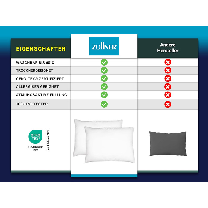 Комплект подушок ZOLLNER з 2 предметів - Виготовлено в Німеччині - Наповнювач з поліестеру - Чохол з високоякісного поліестеру - Можна прати при температурі до 60C - 60x80 см - Готельна якість - Сертифіковано Oeko-Tex 60x80 см Білий