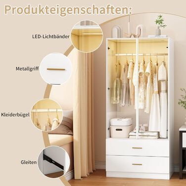 Шафа для спальні зі світлодіодним освітленням, шафа зі скляними дверима, вішалки для одягу та шухляд (Біла Ш, 50x80x175 см) Біла Ш 50x80x175 см