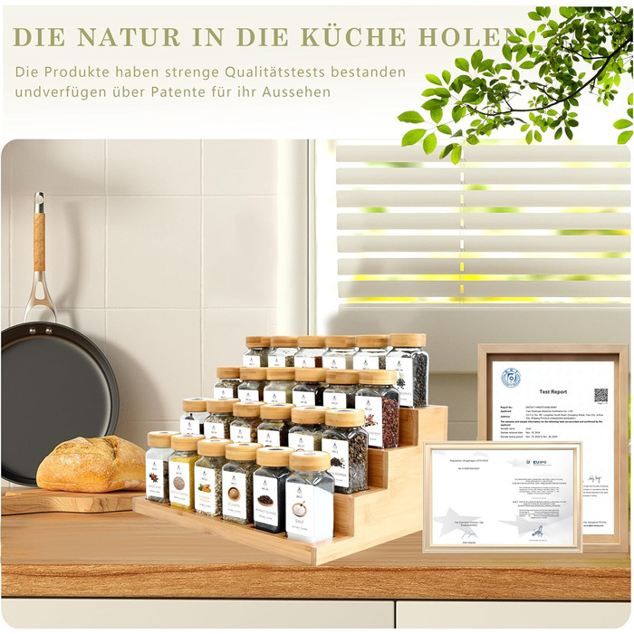 Квадратні банки для спецій з бамбуковою підставкою для спецій 2-в-1 (FCM) 24 банки для спецій по 120 мл, набір підставок та банок для спецій, 120 етикеток, компактний кухонний органайзер SAEIV-Bois massif bambou-24X120ml