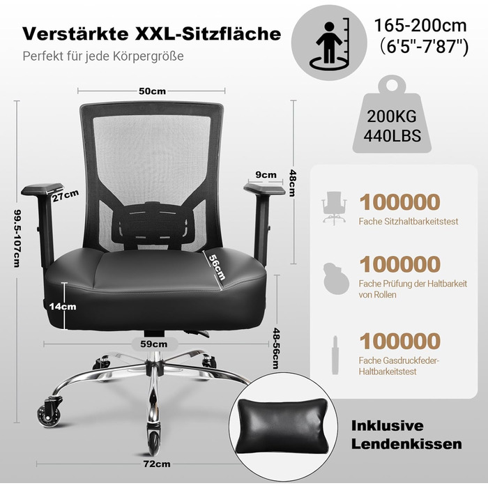 Офісний стілець 200 кг XXL, надзвичайно широке та надзвичайно товсте сидіння з пружинним сердечником, гумові ролики, регульована поперекова опора, безступінчасте блокування нахилу, ігровий та офісний поперекова подушка в комплекті Чорний - подушка сидіння