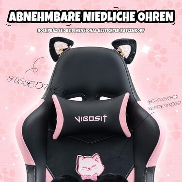 Миле ігрове крісло з поперековою подушкою у формі котячої лапи та котячими вушками, ергономічне ігрове крісло з підставкою для ніг, розкладне ігрове крісло для ПК для дівчаток, підлітків, дітей, чорно-рожеве