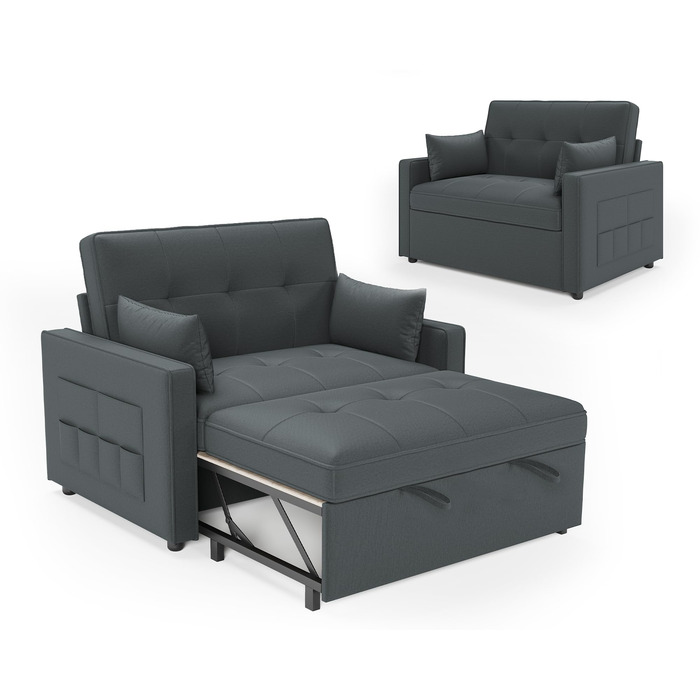 Диван-ліжко 186 x 122 см з 5-позиційним регулюванням спинки, диван-ліжко 3-в-1 з подушками та бічною кишенею, сірий лляний диван для гостьових кімнат та невеликих приміщень