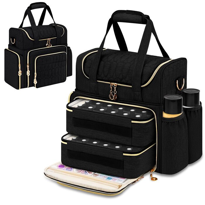 Мішечок для зберігання лаку для нігтів, двошаровий органайзер для 70 флаконів (до 15 мл), портативний мішечок для сушарок для нігтів, ламп для нігтів та аксесуарів для лаків - чорний