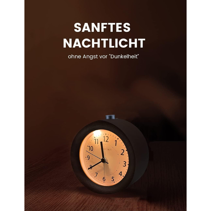 ВищеГодинник будильник аналоговий без цокання, будильник дерев'яний з дрімотою, тумбочка-годинник з нічником, ретро-будильник аналоговий на батарейках (потрібна батарея 1*AA - натуральне дерево світло-коричневого кольору (круглий, коричневий)