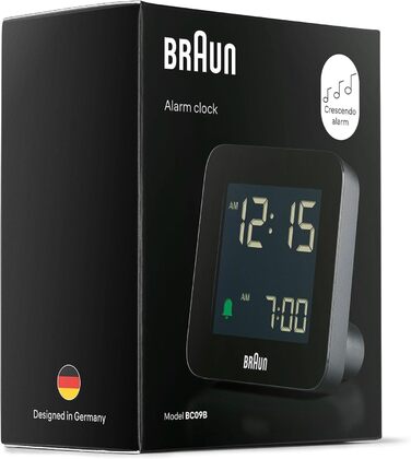 Цифровий будильник Braun з функцією повтору, негативним РК-дисплеєм, функцією швидкого налаштування, будильником Crescendo чорного кольору, модель BC09B. 1 упаковка