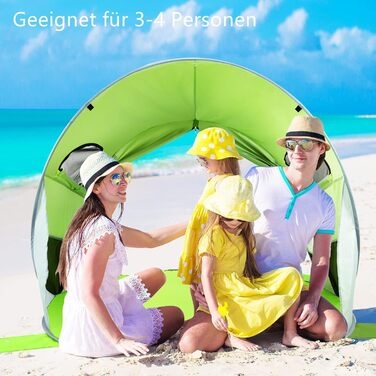 Пляжний намет GYMAX Pop-Up для 3-4 осіб, автоматичний пляжний намет із захистом від ультрафіолету 50, розкладний намет із дверима на блискавці та вентиляційним вікном, у комплекті сумка для перенесення, для кемпінгу на пляжі, зелений