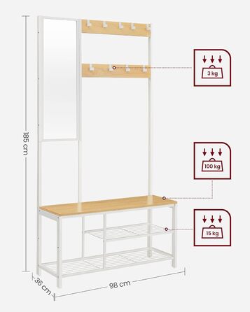 Вішалка для одягу, шафа з гачками, вішалка для одягу з дзеркалом, лавка для взуття та полиці, 36 x 98 x 185 см, для передпокою, спальні, вітальні, дубово-білий HSR050W09 Дуб біла полиця для взуття
