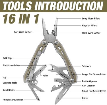Багатофункціональні кусачки FLISSA 16 в 1, складний багатофункціональний інструмент, багатофункціональний інструмент з нержавіючої сталі з ножем, ножицями, напилком, відкривачкою для пляшок для кемпінгу, відкритий, ремонтний, з сумкою для транспортування,