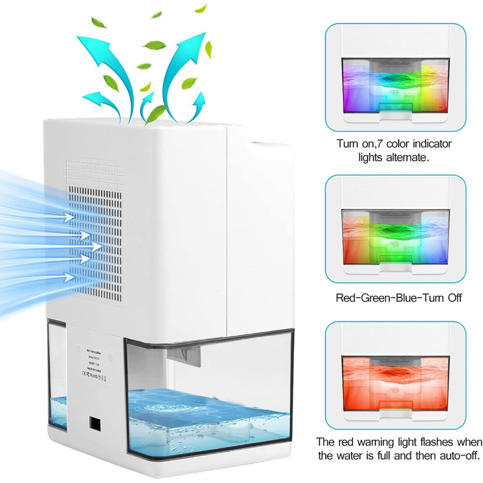 Осушувач повітря для дому, 1 л Осушувач повітря для кімнати Осушувач Тихий осушувач повітря з вимкненим кольоровим світлодіодним світлом для квартири, спальні, ванної кімнати Підвал, електричний і невеликий осушувач повітря