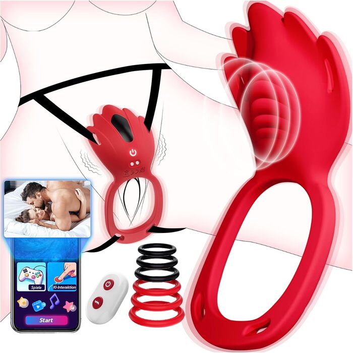 Вібратор Tagnaff, з 6 ерекційними кільцями та стимуляцією клітора, червоний, силікон