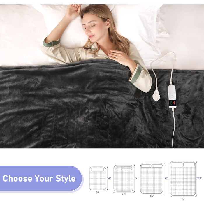 Ковдра з підігрівом та автоматичним вимкненням, 130x180 см, 10 налаштувань температури, 8-годинний таймер автоматичного вимкнення, захист від перегріву, фланелева ковдра з підігрівом, можна прати в пральній машині, для дому та офісу, темно-сіра, 130 x 180