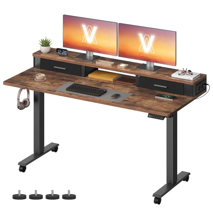 Електричний стіл з регулюванням висоти VASAGLE, 140 x 60 см, вінтажний коричневий, з підставкою для монітора