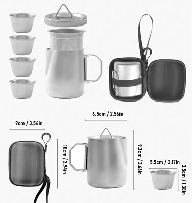Набір для чаю з нержавіючої сталі Bnineteenteam, портативний чайник з ситечком та 4 чашки в чохлі для кемпінгу