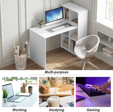 Письмовий стіл eSituro з 6 полицями, 120x63 см, білий комп&39ютерний стіл з місцем для зберігання, офісний стіл, ПК-стіл, кутовий стіл для навчання, вітальні, спальні, офісу, можна встановити ліворуч або праворуч