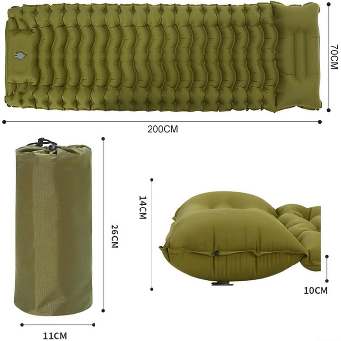 Надувний килимок для кемпінгу - Швидке надування ніг за 20 секунд, 200 x 70 x 10 см, комфортний килимок з картою тіла, зелений