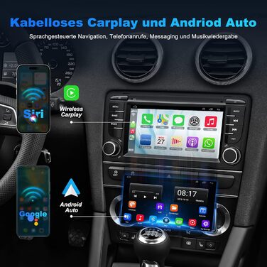 Автомагнітола 232 ГБ для Audi A3 S3 RS3 2003-2012 з бездротовим Carplay та Android Auto, Android 13 7-дюймовий IPS-навігатор з GPS-навігацією, голосовим керуванням SWC, камерою заднього виду, Bluetooth 5.2, система Hands-Free, WiFi