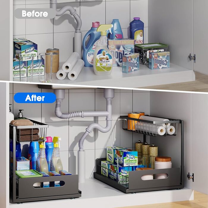 Органайзер для зберігання під раковиною UINOFLE, 2 полиці, висувний кошик, органайзер, шухляди, висувна шафа-органайзер, багатоціл