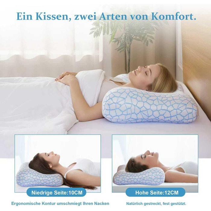 Ергономічна подушка Caviar Blue з піни з ефектом пам&39яті, 60x40 см, холодна на дотик, з різницею висоти 12/8 см, підтримка шиї для сну на спині та на боці, не волога, гарне відновлення, чохол, який можна прати, синій, 40 x 60 см