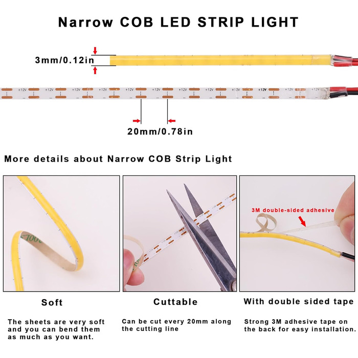 Світлодіодна стрічка TOPAI 12V COB 5M тепла біла, вузька світлодіодна стрічка шириною 3 мм 3000K Самоклеюча 384 світлодіоди/м CRI90, неводонепроникний гнучкий ріжучий стіл для прикраси домашньої кухні своїми руками Теплий білий колір шириною 3 мм