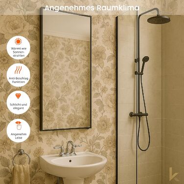 Інфрачервоний обігрівач для дзеркала Knighaus - 600 Вт з термостатом - Енергозберігаючий обігрівач дзеркала та 5-річна гарантія - Інфрачервоний настінний обігрівач з чорною рамкою - Нагрівається за 2 хвилини 600 Вт Колір рами Чорний