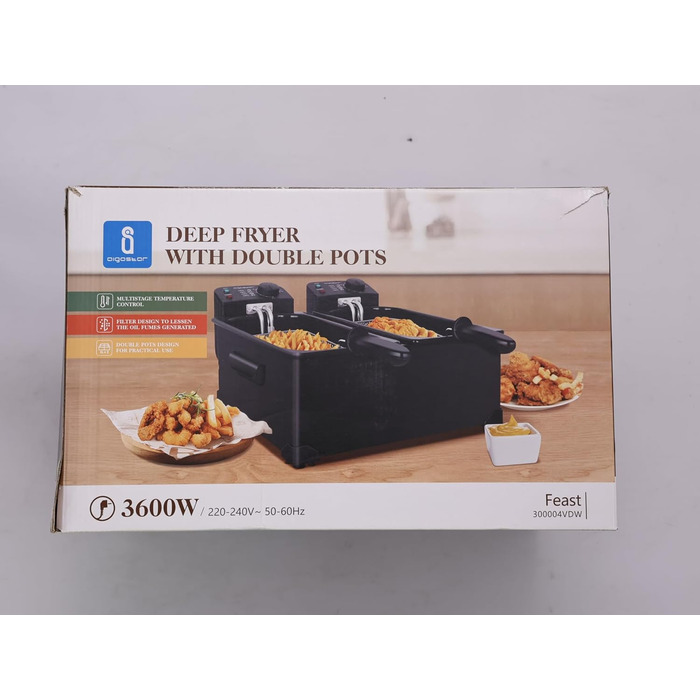 Велика подвійна фритюрниця Aigostar з 2 кошиками, 6-літрова фритюрниця з функцією холодної зони, 3600 Вт, оглядове вікно, регульований рівень нагріву до 190C, міцна та проста в догляді, чорна