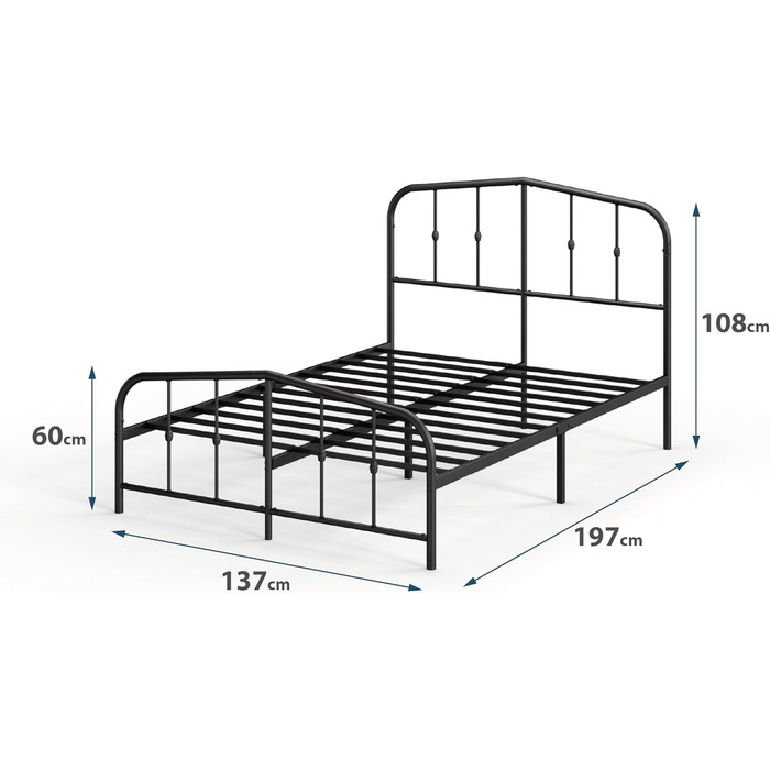 Ліжко Zinus Heidi 135 x 190 см Висота 31 см з місцем для зберігання під ліжком Металевий каркас ліжка з узголів&39ям та узніжжям Чорний 135x190 см