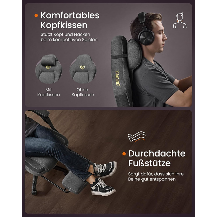 Ігрове крісло SONGMICS HOME, ергономічне комп&39ютерне крісло з підставкою для ніг, офісне крісло, обертове крісло з підголівником, суміш бавовни та льону, регульована висота, колір голубий сірий OBG072G01