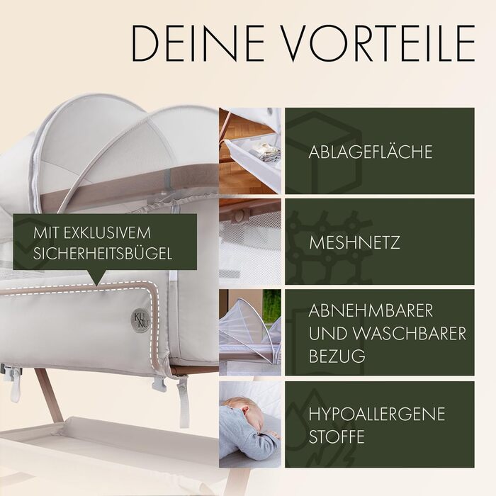 Дитяче ліжечко KUNU - Дитяче ліжечко для сну на боці з колесами для пружинного ліжка - Дитяче ліжечко на колесах 3-в-1 Дорожня колиска-колиска - Колиска з функцією гойдання та регулюванням висоти - Безпечне дорожнє ліжечко, включаючи дорожню сумку