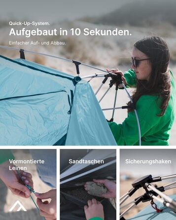 Великий пляжний навіс із захистом від ультрафіолету (UV80) для 3 осіб, включаючи піщані кілочки та сумку на колесах. Захист від сонця для сімей, дітей, немовлят або собак. Світло-блакитний