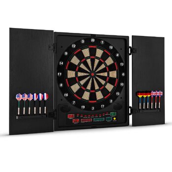 Електронний дартс oneConcept Dartmaster 180, E-Darts, Мішень для гри в дартс до 8 гравців, віртуальний суперник, світлодіодні дисплеї, 12 чорних дротиків з малюнком