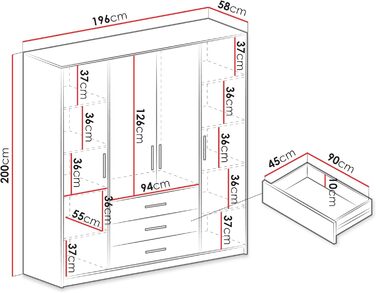 Шафа з орними дверима Bado 4D, шафа з дзеркалом, шухлядами та дзеркальними дверима, елегантна шафа для спальні, молодіжна кімната (графіт)