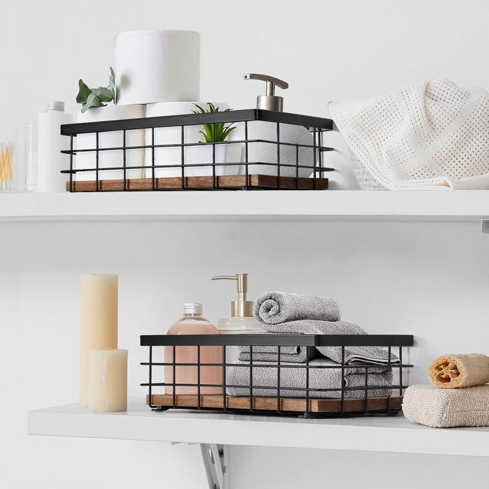 Невеликий металевий кошик, декоративний дерев&39яний органайзер для ванної кімнати, кухні, кошик для зберігання туалетного паперу, пакетика цукру, кавового сиропу, рушника для гостей, серветки (2 шт., колір дерева) чорний