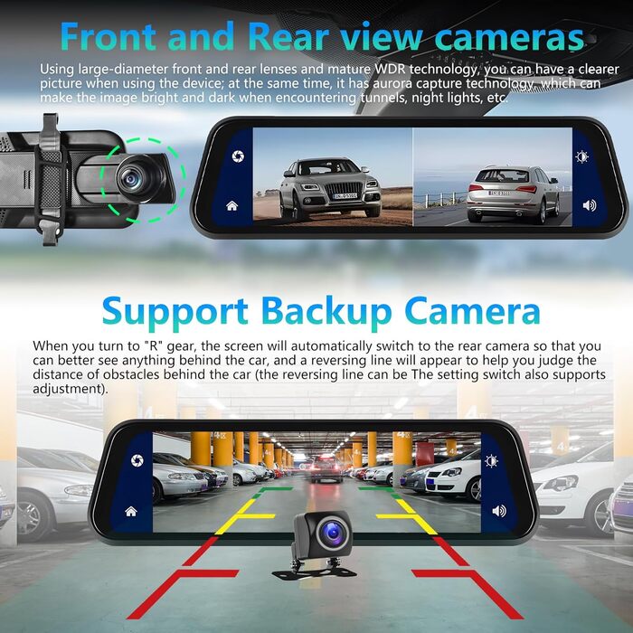 Дзеркальний відеореєстратор Podofo з бездротовим автопрогравачем, Android Auto з HD-камерою заднього виду 9,66-дюймовий IPS сенсор