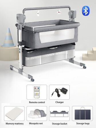 Дитяче ліжечко Nine Point Nine, розкладне дитяче ліжко-ліжечко, пружинне ліжко Baby Box з колесами, багатофункціональне, з 5 гойдалками (601 Середньо-сірий)