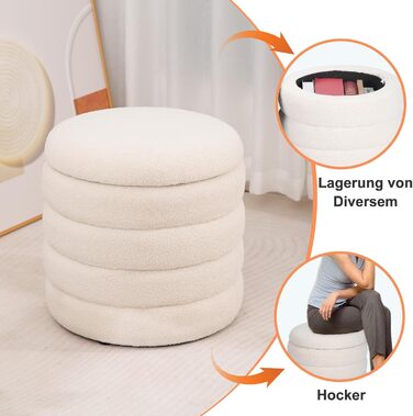 Круглий стілець для зберігання речей з плюшевої тканини - м&39який стілець, круглий туалетний столик для вітальні, спальні та коридору, Ø 46 x 47 см, білий 46x46x47 см