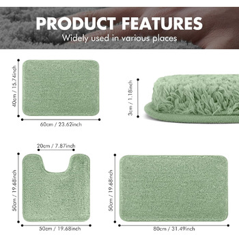 Набір із 3 нековзних килимків для ванної, мякі, водопоглинаючі, волохаті килимки для ванної з мікрофібри з високим ворсом, килимки для ванни, душу та ванної кімнати, які можна прати в пральній машині (зелені) 80 x 50 см (прямокутні)