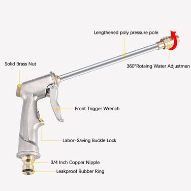 Водяний пістолет високого тиску, садовий садовий розпилювач високого тиску Металевий регульований металевий пістолет-розпилювач високого тиску Садовий шланг Пістолет-розпилювач Водяний пістолет для автомийки Садівництво