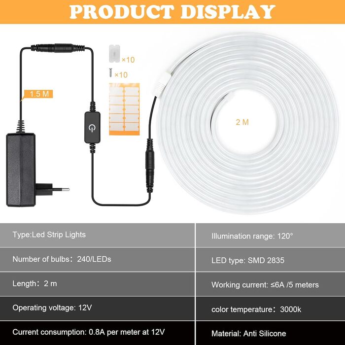 Світлодіодна стрічка Bigzom 2 м, неонова світлодіодна стрічка теплого білого кольору, водонепроникна світлодіодна стрічка 3000K з можливістю затемнення 12 В, з блоком живлення та контролером для прикраси домашньої кухні на відкритому повітрі