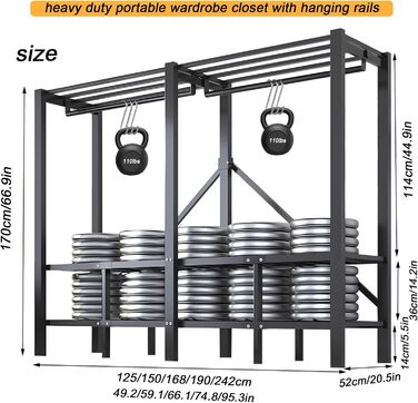 Складана шафа, 500 кг, тканинна шафа великої місткості 242 см з 2 рейками для вішалок, переносна тканинна шафа з чохлом для спальні (сірі двері D, 85 см) D Сірі двері 85 см