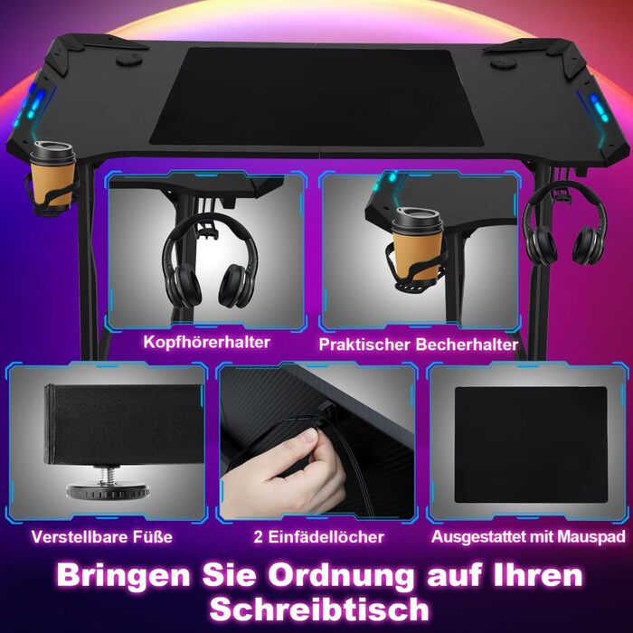 Ігровий стіл зі світлодіодним підсвічуванням, ігровий стіл 140 x 60 см, ігровий стіл для ПК з вуглецевим волокном, ігровий стіл зі світлодіодною Z-подібною рамкою, комп&39ютерний стіл для геймерів з гачком для навушників та тримачем для напоїв