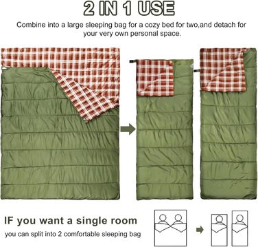 Бавовняний фланелевий спальний мішок для кемпінгу, походів або трекінгу. Водонепроникний спальний мішок розміру &quotqueen-size&quot для дорослих або підлітків. Підходить для вантажівок, наметів або спальних мішків. Легкий, зелено-коричневий.