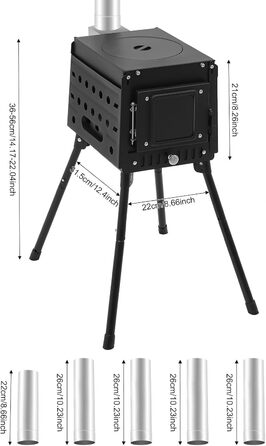 Складана кемпінгова дров&39яна піч, наметова піч, портативна наметова плита, кемпінгова піч з димоходом, садова піч, вулична піч, кемпінгова піч, міні-дров&39яна піч з регульованою висотою 36-56 см, для активного відпочинку на свіжому повітрі