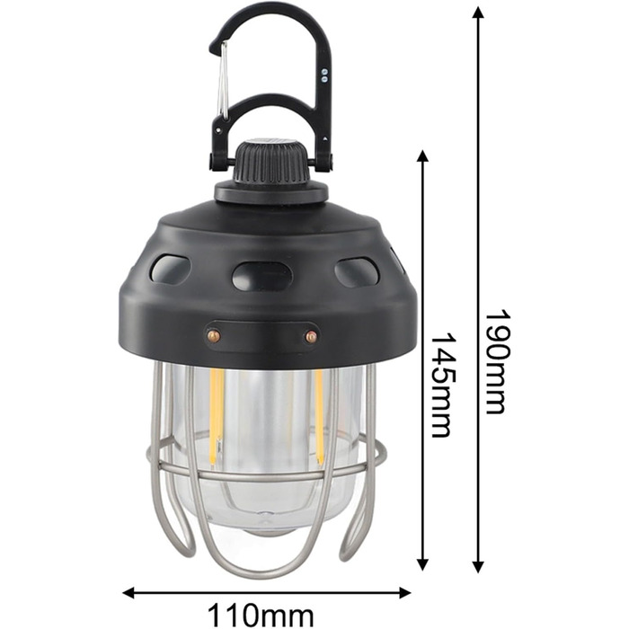 Акумуляторний кемпінговий ліхтар з акумулятором 2000 мАг, тепле/жовте світло, клас захисту IPX3, конструкція з алюмінію, сталі та ABS-пластику, для наметів та використання на свіжому повітрі (чорний)
