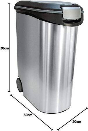 Контейнер для корму Curver, 20 кг, 54 л, металік (чорний/срібний), 49,3 x 27,8 x 60,5 см герметичний контейнер з коліщатками для зберігання сухого корму для собак, захищає від запахів