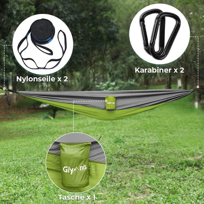 Ультралегкий гамак для подорожей Glymnis з підвісними тросами та сталевими карабінами, вантажопідйомність до 300 кг, зелено-сірий, 300x200 см