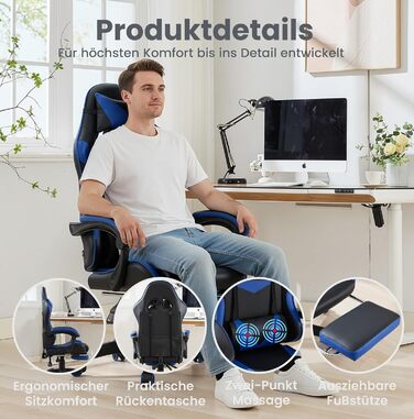 Ігрове крісло Anwick з підніжкою та регульованою поперековою опорою офісне крісло з регульованою висотою в гоночному дизайні, включаючи підголівник та вантажопідйомність 150 кг (синє)