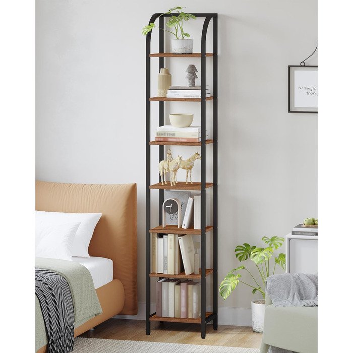 Полиця Hzuaneri, книжкова шафа, 7-ярусна полиця, полиця для DVD, вузькі полиці, офісна полиця в індустріальному стилі, металевий каркас для вітальні, спальні, кухні, вінтажний коричнево-чорний BC57001B 30 x 33,6 x 208,5 см, вінтажний коричнево-чорний