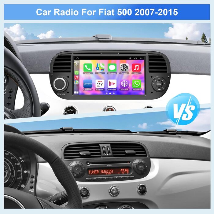 Автомагнітола для Fiat 500 2007-2015 з бездротовим Carplay та головним пристроєм Android Auto, 232 ГБ 7-дюймовий IPS HD сенсорний екран з GPS-навігацією/голосовим керуванням/WiFi/SWC/Bluetooth 5.2/FM/камерою заднього виду, чорний колір