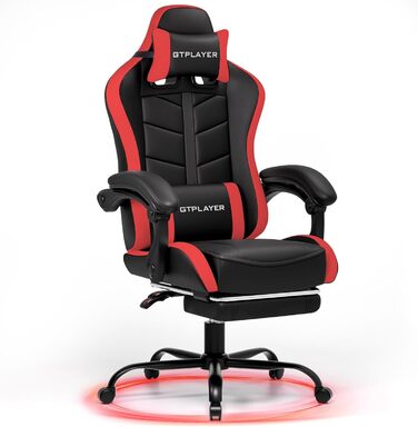 Ігрове крісло GTPLAYER, офісне крісло, геймерське крісло, ергономічне ігрове крісло з підставкою для ніг, крісло для ПК зі штучної шкіри з розширеною спинкою, вантажопідйомність 150 кг, червоне